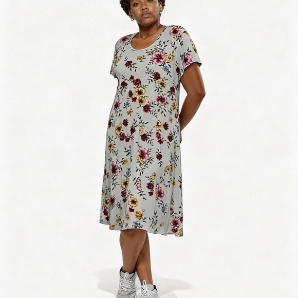 Bobbie Brooks Plus Size Stretch Floral Comfy Pullover Midi Dress - Picture 1 of 13